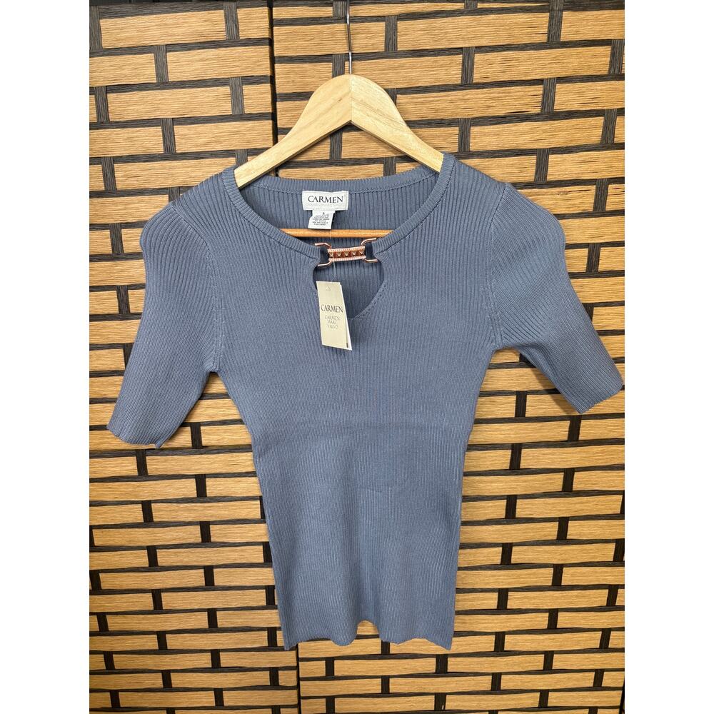 Carmen Dusty Blue Ribbed Short Sleeve Sweater Top Size‎ Small